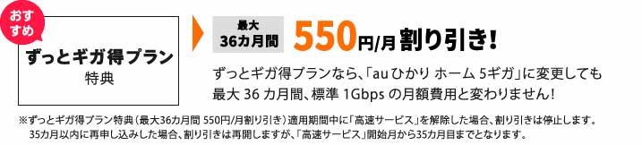 ずっとギガ得プラン特典 最大36カ月間割り引き! ずっとギガ得プランなら、「auひかり ホーム5ギガ」に変更しても 最大36カ月間、標準1Gbpsの月額費用と変わりません!